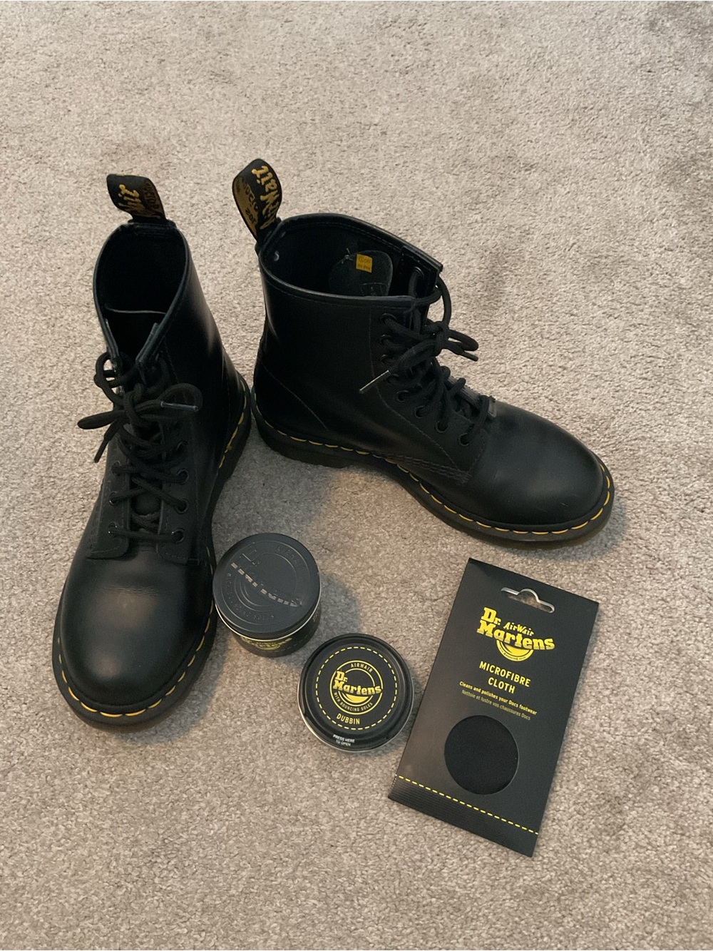 Dr. Martens Black Leather Lace-Up Boots with Yellow Stitching